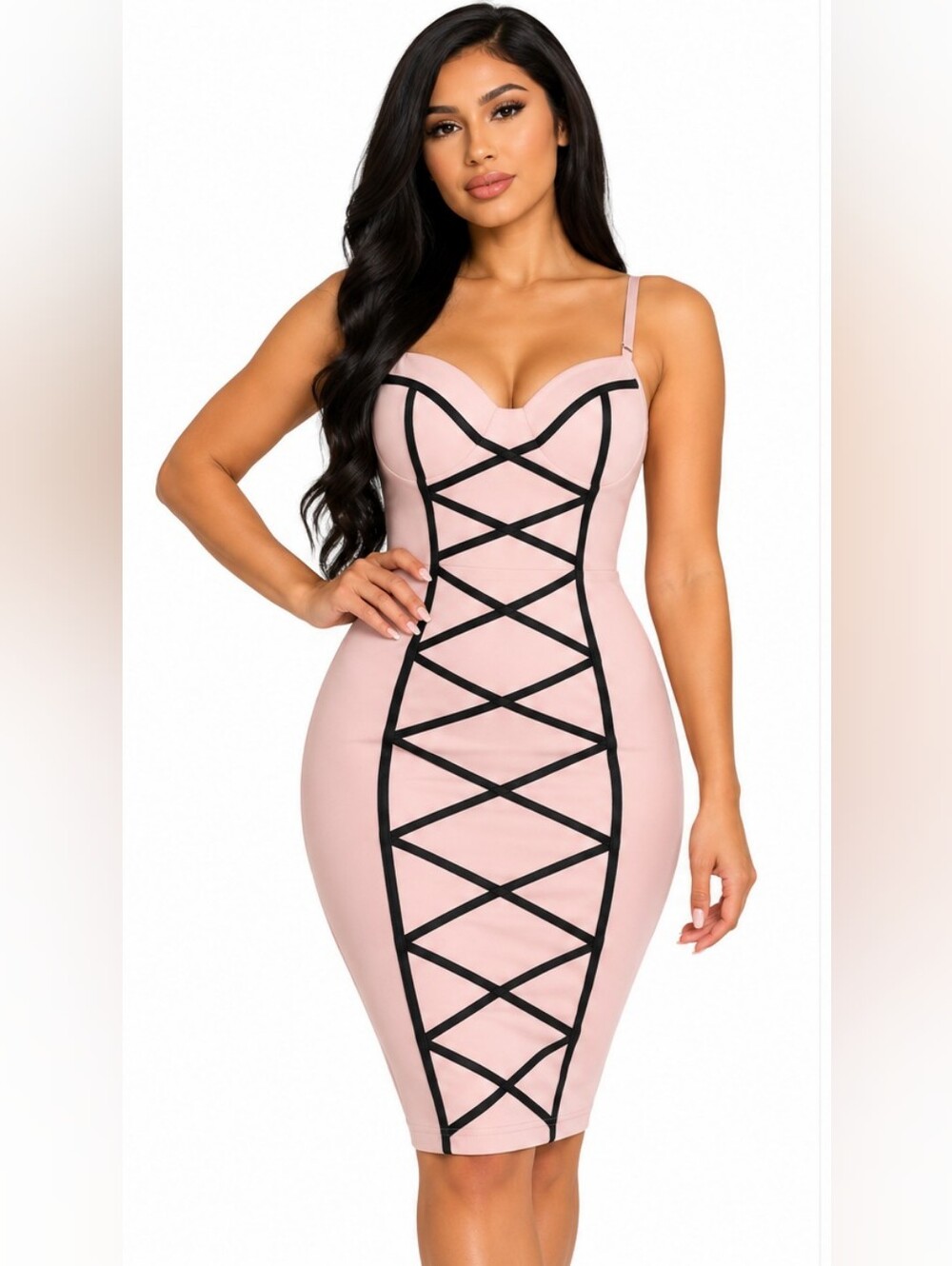 Entry Blush Pink Black Caged Bodycon Midi Dress